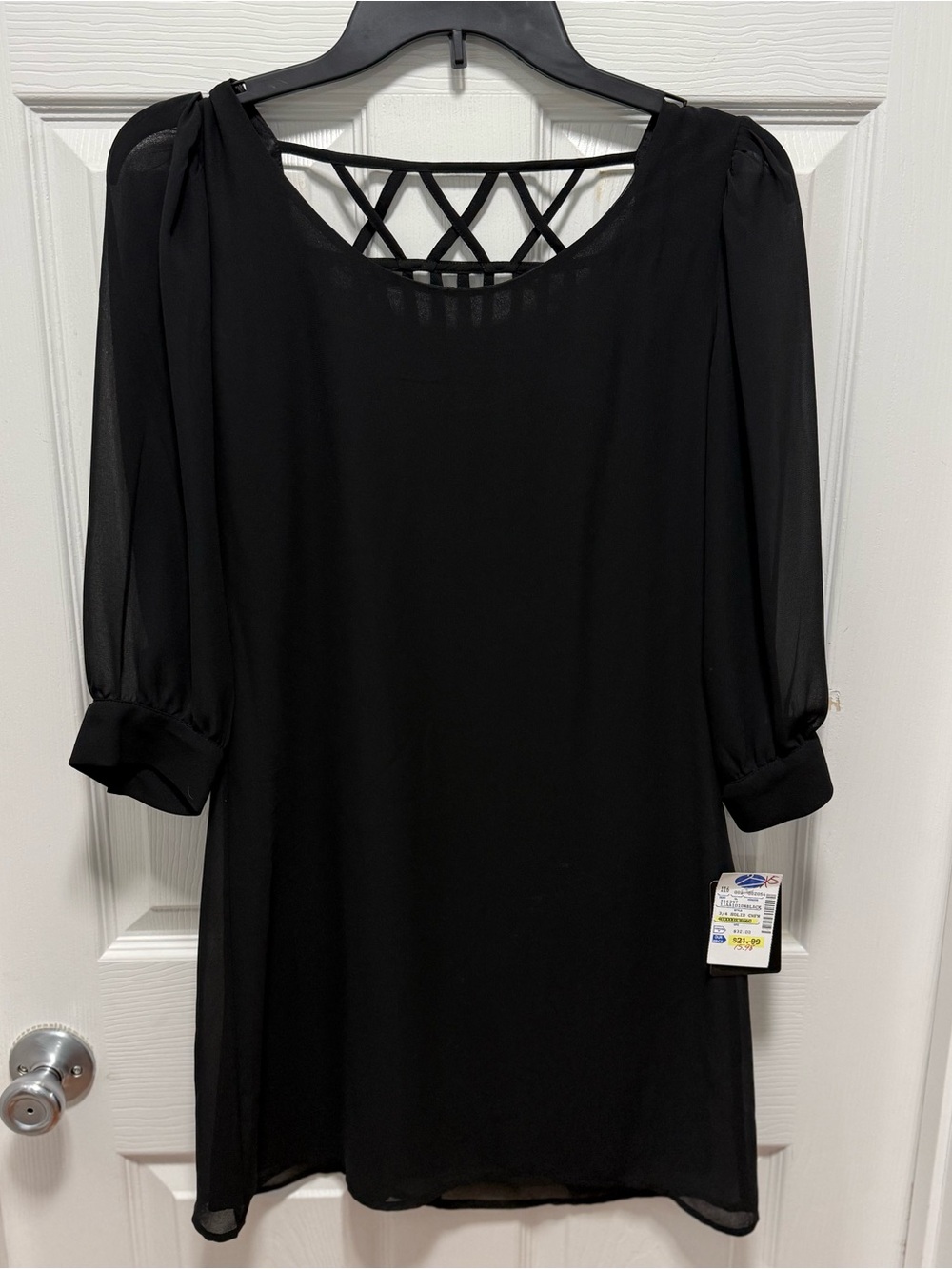 Black Long-Sleeve Chiffon Shift Dress with Lattice Back